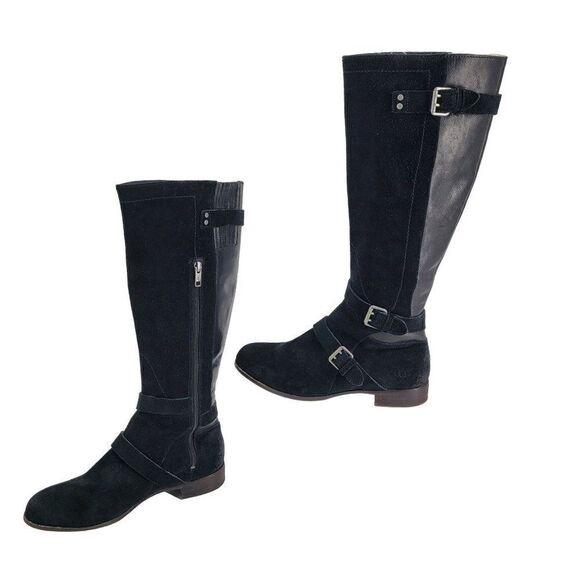 Ugg Cydnee Boots 8.5 Black Leather Knee High Buckle Sheepskin Shearling Stretch - Picture 1 of 17